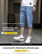 Clothes Y2k Man 2000s Summer Thin Stripe Men's Loose Casual Shorts Korean Denim Luxury  Elastic Waist Knee Pants Black Jeans Man