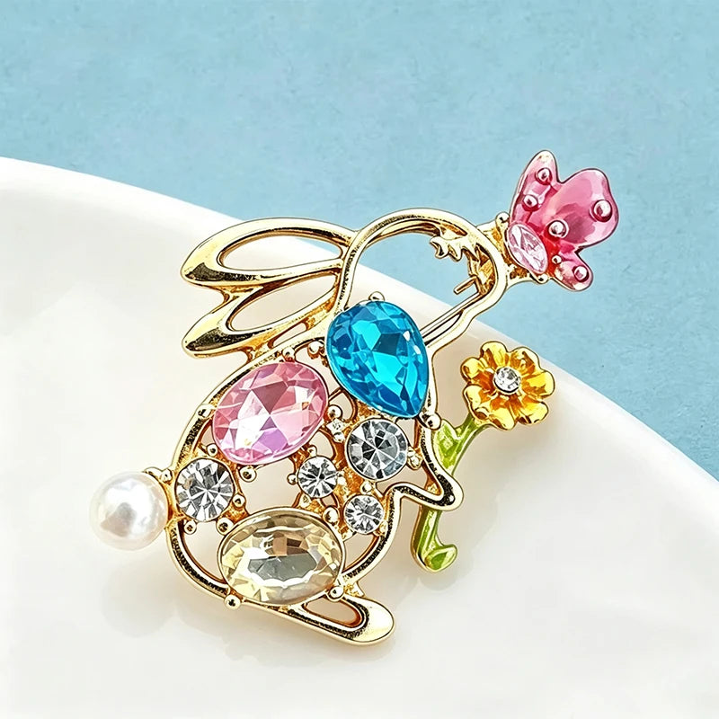 PENDRA Crystal Rabbit Floral Enamel Brooch