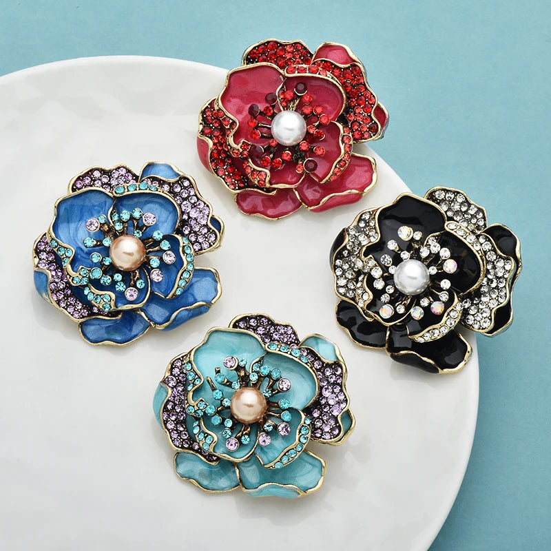 PENDRA Camellia Vintage Enamel Flower Brooch