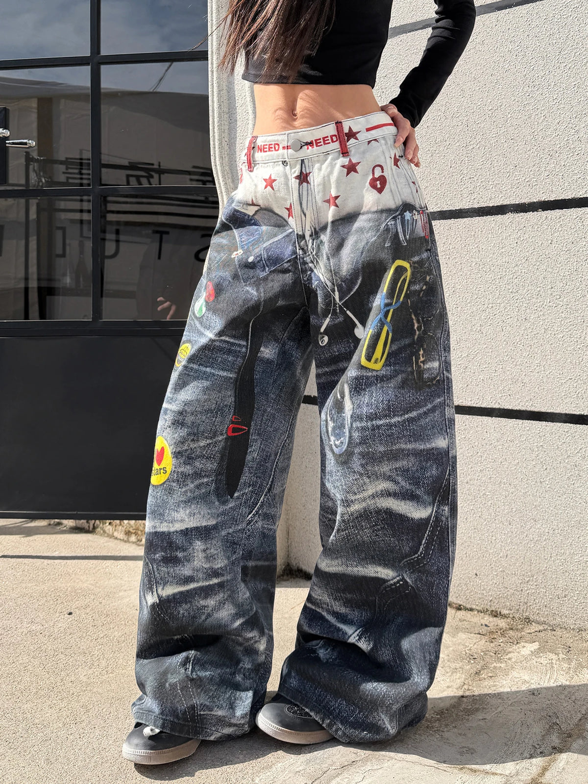 American High-Street 3D Print Design Blue Loose Jeans Y2K Street Trendy Fashion Versatile High-Waist Wide-Leg Pants