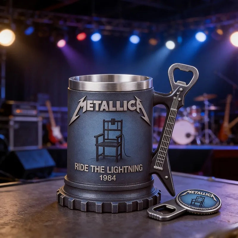 JingMetallica Ride The Lightning 1984 Collectible Mug, Guitar Handle Stainless Steel Lined Beer Stein, Heavy Metal Rock Fan Gift