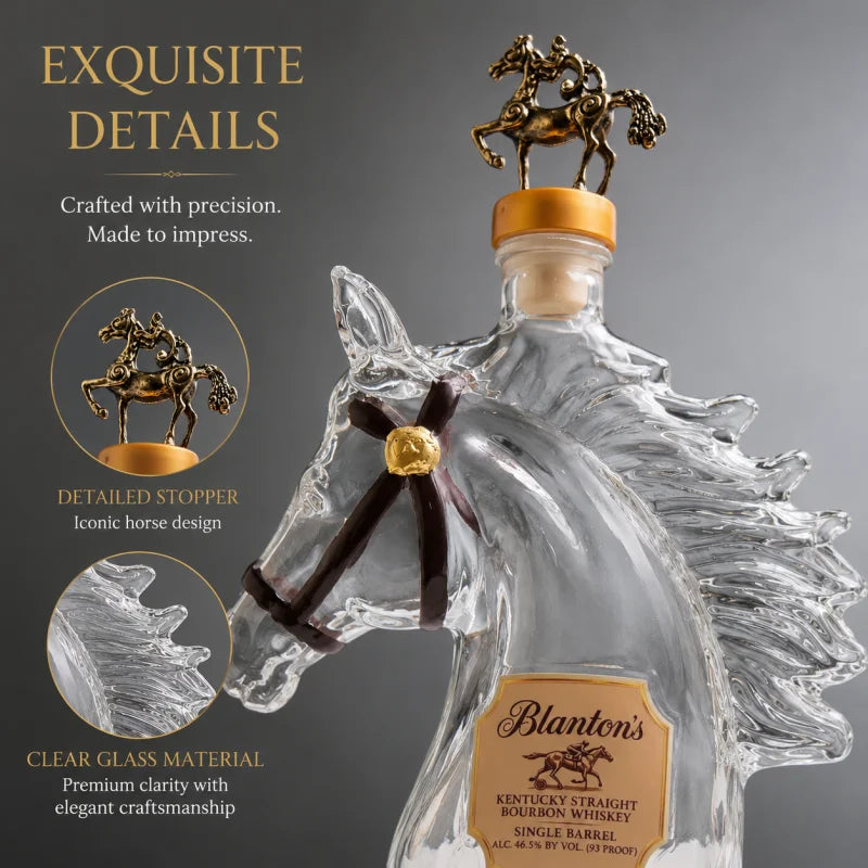 Blanton's Horse Head Shaped Crystal Whiskey Decanter, Bronze Horse Rider Stopper Liquor Bottle, Kentucky Bourbon Spirits Storage