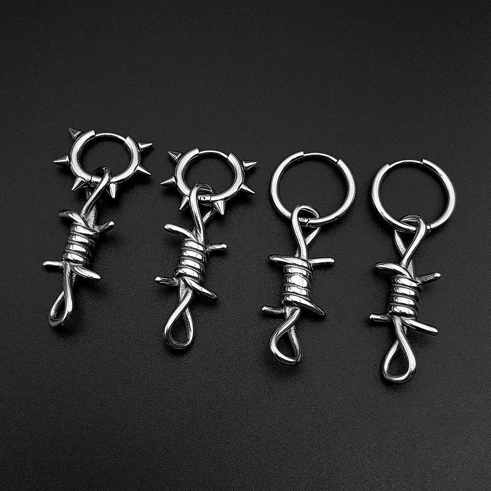 Hiphop Punk Barbed Wire Circle Earrings Stainless Steel Gothic Huggie Hoop Ear Ring Women Korean Rapper Jewelry Accessory