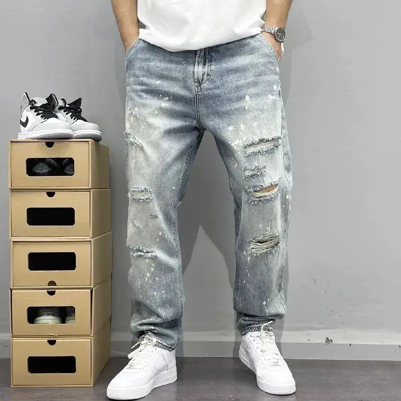 2026 Washed Light Blue Ripped Jeans Men's Straight High Street Trendy Brand Ragged Beggar Pants Large Size Trousers Cargo Pants