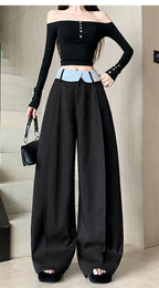 Suit wide leg pants women's autumn and winter striped patchwork high waisted casual fashion versatile straight leg pants