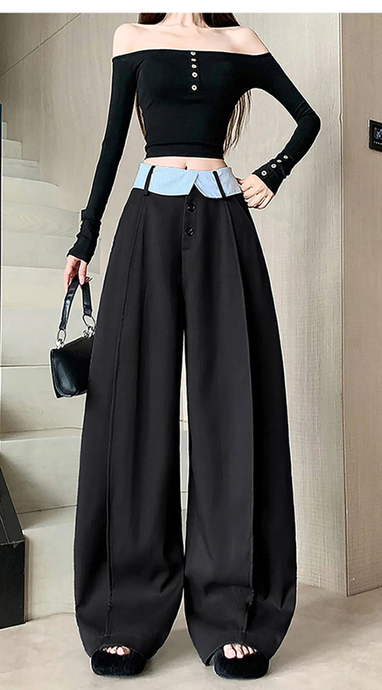 Suit wide leg pants women's autumn and winter striped patchwork high waisted casual fashion versatile straight leg pants