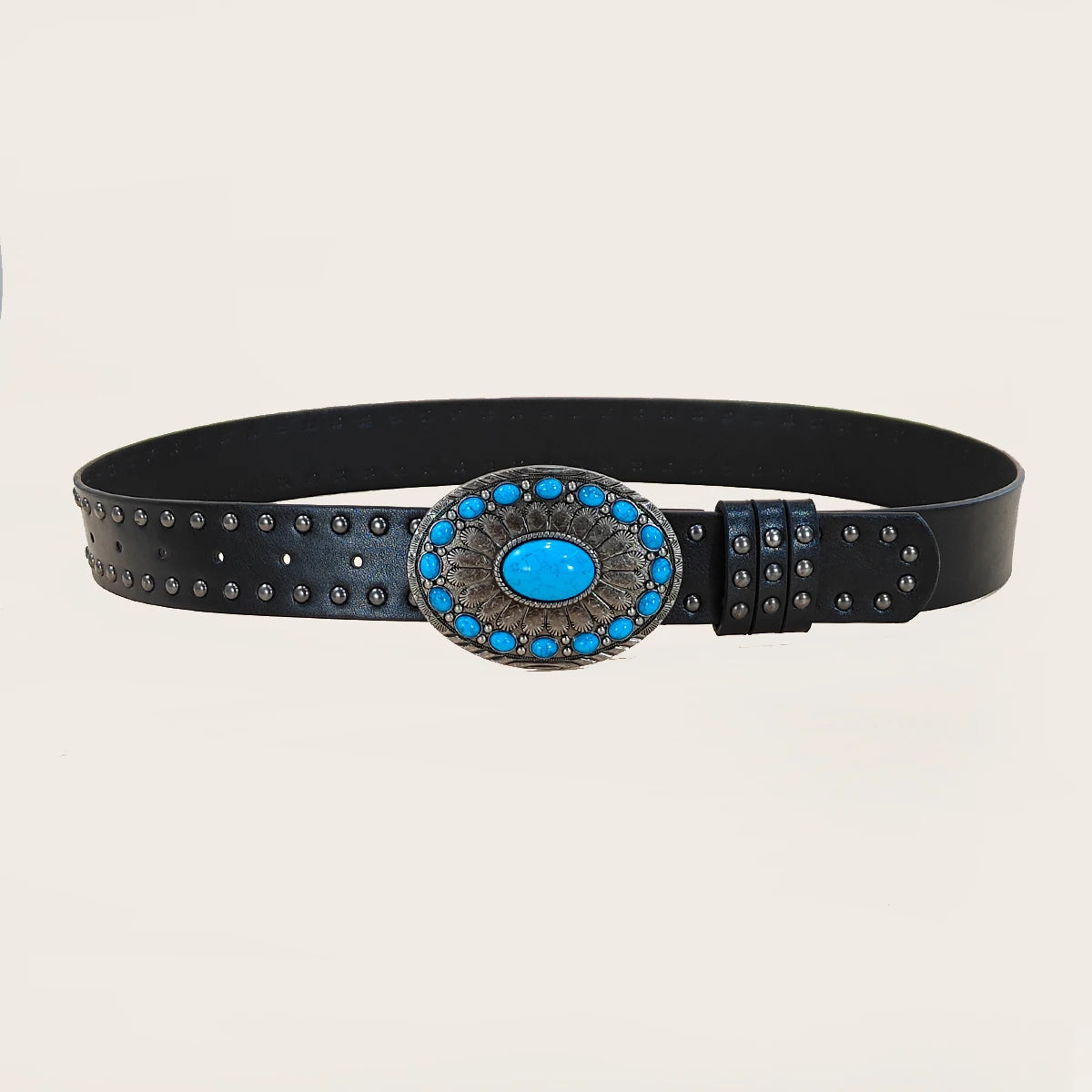 Men and Women's Casual Punk Rivet Belt Western Style PU Leather Belt with Turquoise Buckle for Daily Work Wear Gothic Jeans Belt
