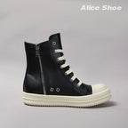 PENDRA Classic Punk Black Leather High-Top Zip Thick-Sole Platform Ankle Boots