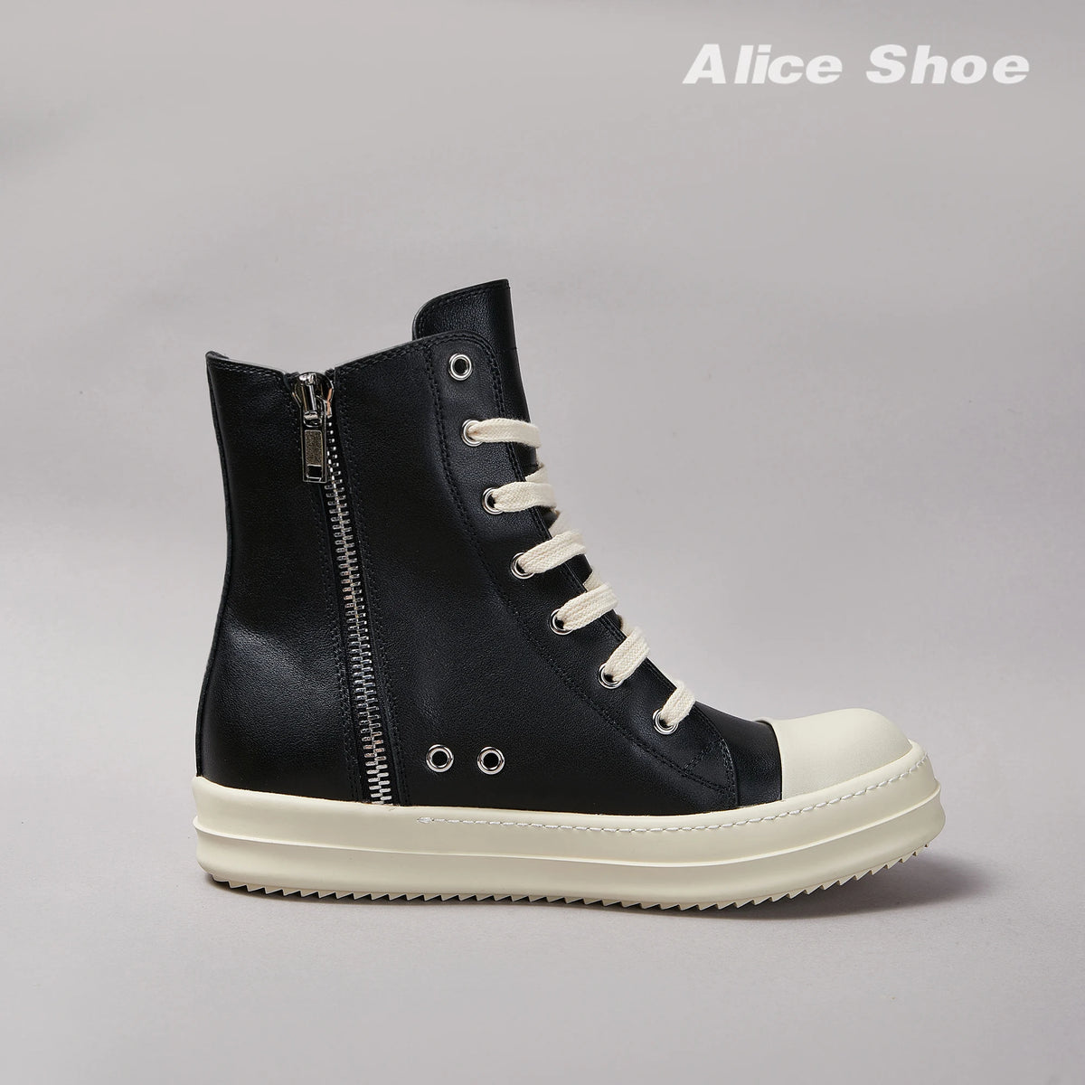 PENDRA Classic Punk Black Leather High-Top Zip Thick-Sole Platform Ankle Boots