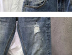 Jeans Ripped Trendy High Street Men's Long Pants Men's Brand Knees 2025 New Spring Autumn Slim Feet Streetwear Men Blue Jeans