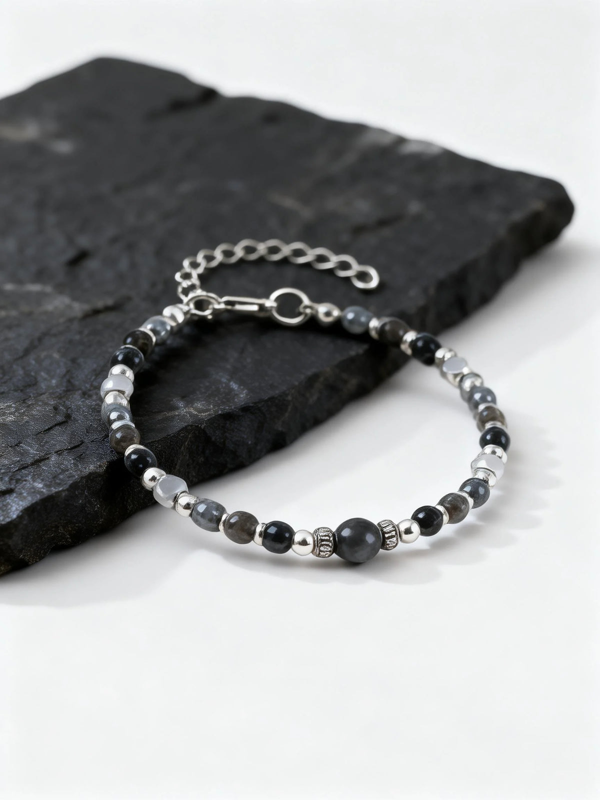 Healing Natural Stone Beaded Bracelets for Men Boys,Hip Hop Metal Adjustable Beaded Wristband,Causal Jewelry Gift