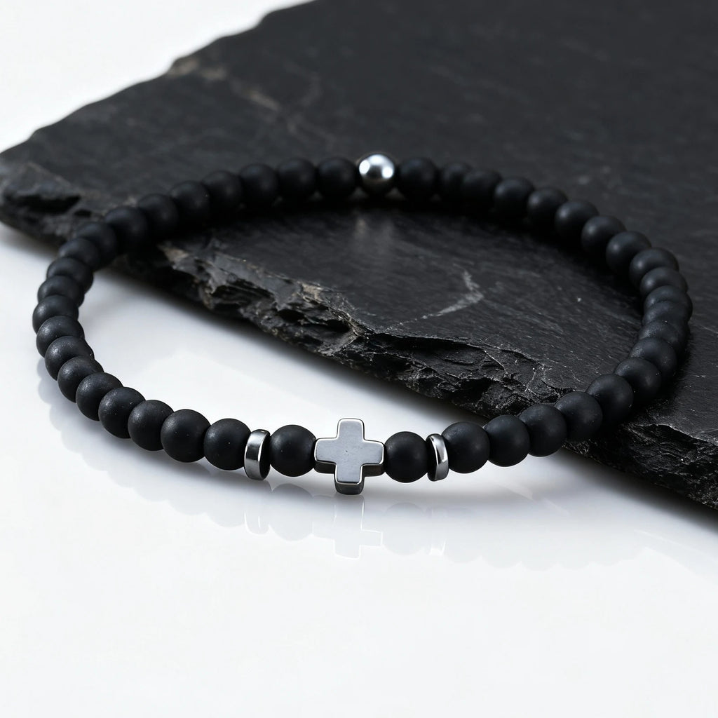 Gallstone Cross Beaded Bracelet for Men Boys,4mm Red Pine Stone Black Onyx Elastic Wristband,Simple Stackable Jewelry