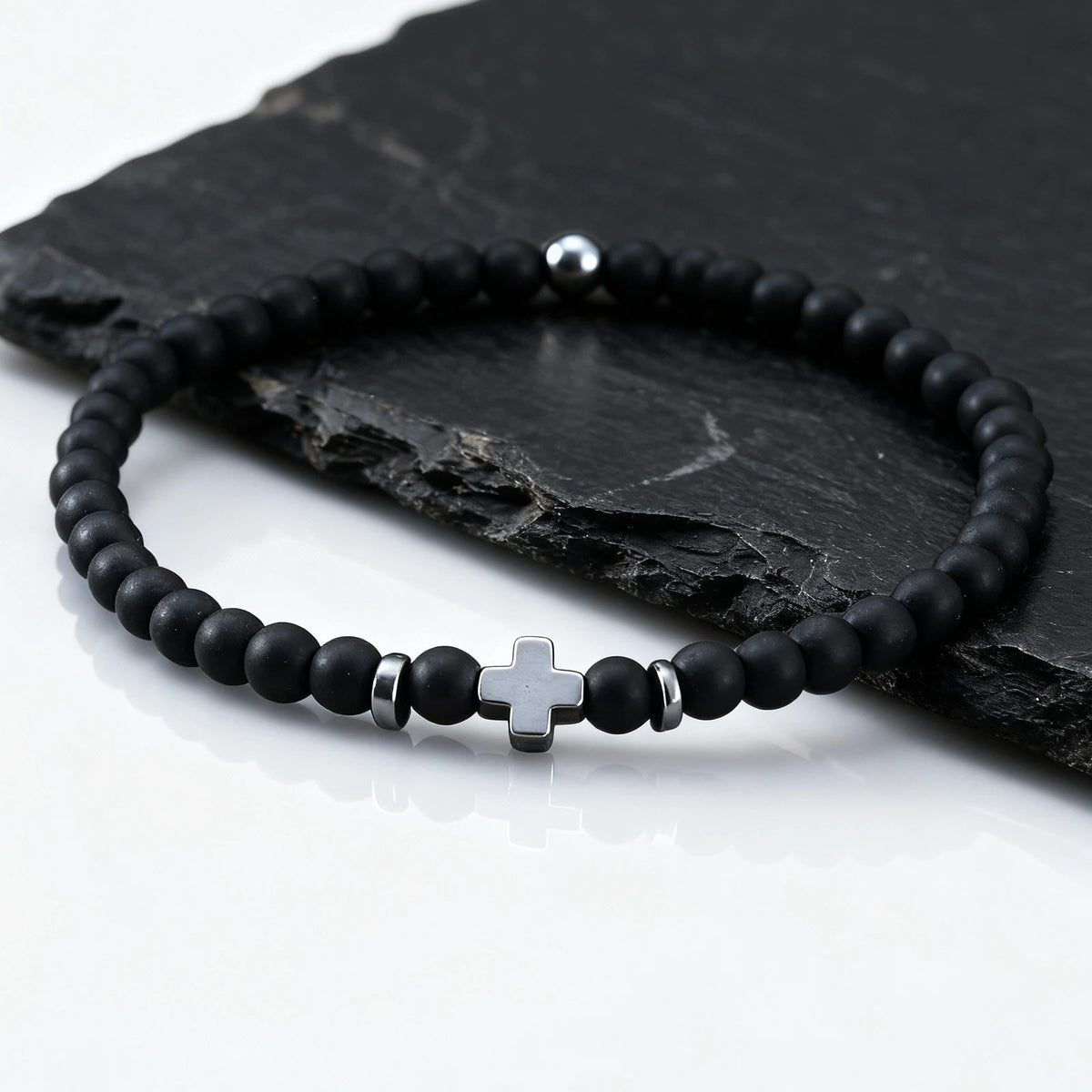 Gallstone Cross Beaded Bracelet for Men Boys,4mm Red Pine Stone Black Onyx Elastic Wristband,Simple Stackable Jewelry