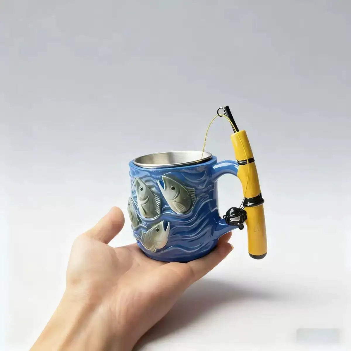 Funny Fishing Rod Handle Coffee Mug 3D Fishing Embossed Stainless Steel Cup for Men Collect Decor Family Ornament Collection