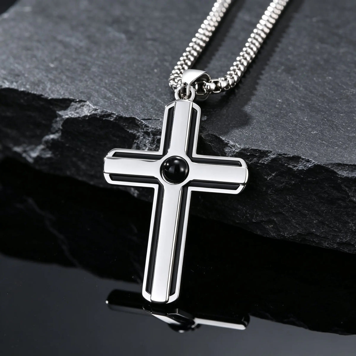 Men Black Agate Enamel Cross Pendant Necklace,Punk Waterproof Stainless Steel Cross Pendant Neckalce,Birthday Party Jewelry Gift