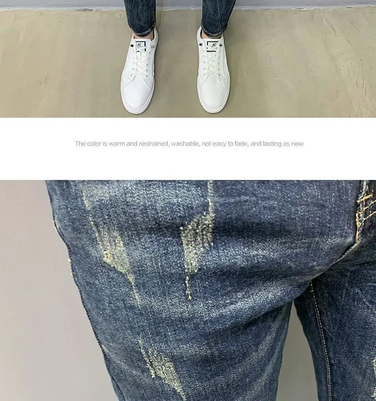 Harajuku Fashion Autumn New Blue Jeans Men's Trendy Brand Scratches Cargo Work Korean Slim-fitting Trousers Luxury Elastic Pants