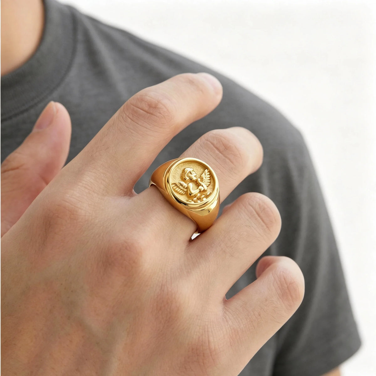 Cupid Signet Ring for Men,Gold Plated Stainless Steel Finger Ring Statement Ring,Punk Vintage Jewlery Gift