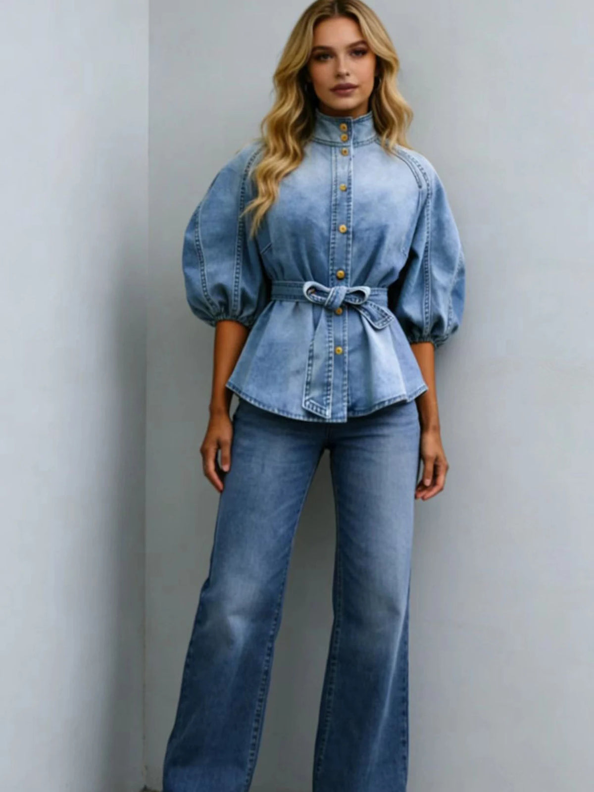 New Women's Retro Washed Lantern Short-sleeved Stand Collar Single-breasted Shirt, Fitted Waist and Belted Denim Top, Suitable for Everyday Wear.