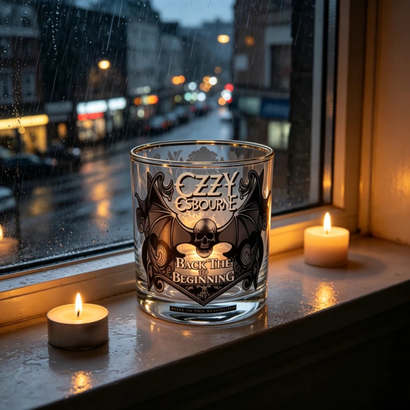 Gothic Skull Bat Whiskey Glass, Ozzy Inspired Gold Rim Cocktail Glass