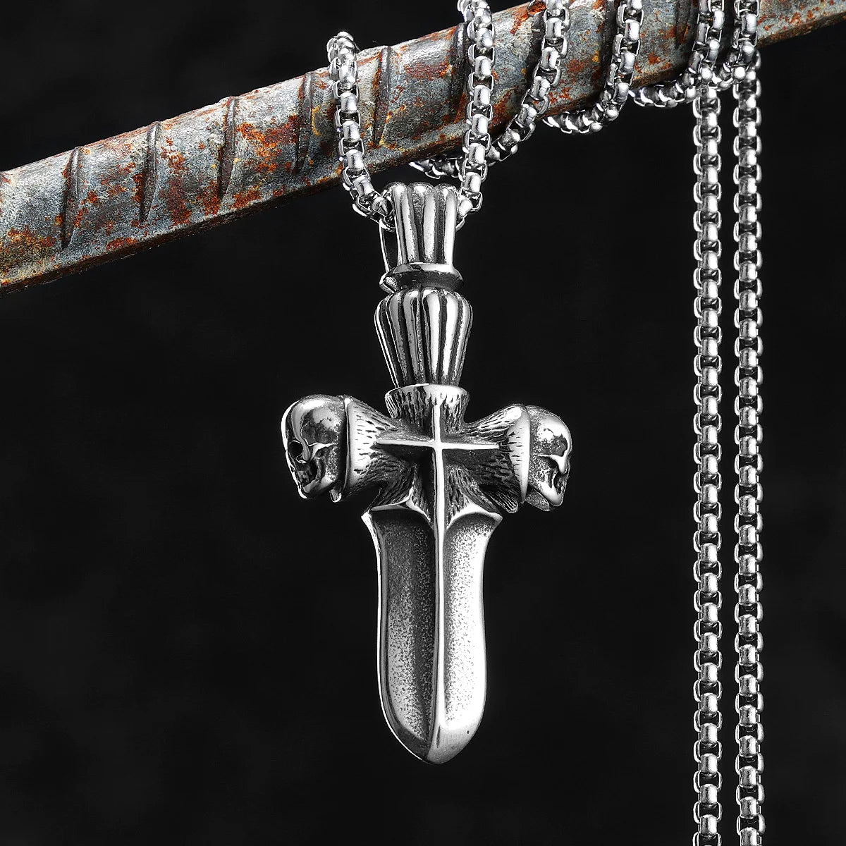 PENDRA Cross Skull Sword Steel Necklace