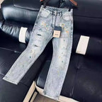 High-end Luxury Clothing Light Blue Jeans Men Fashion Ink Splatter Autumn Slim Pencil Pants Spring Autumn Designer Denim Jeans