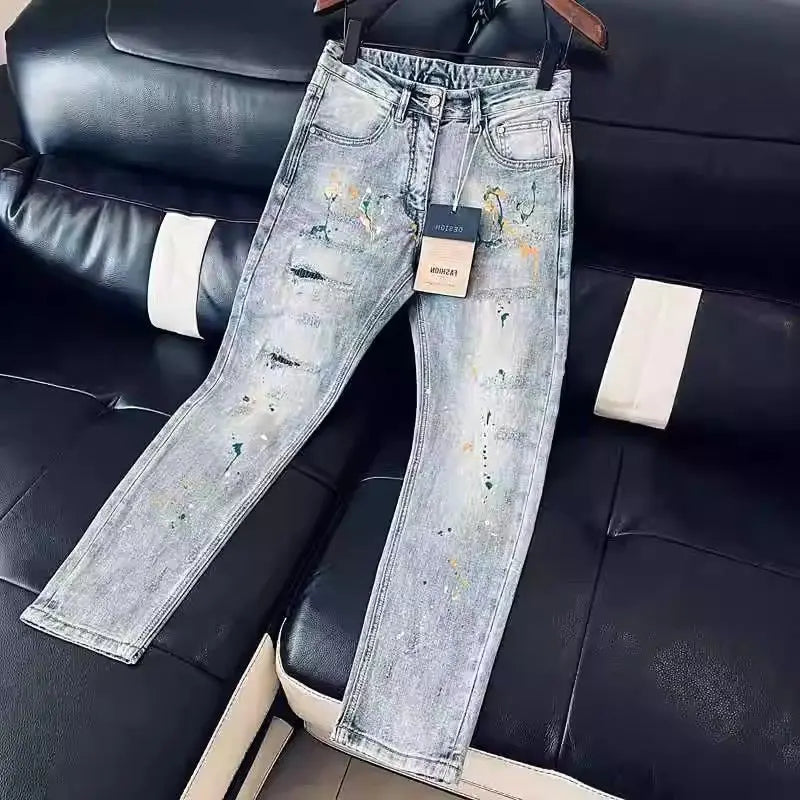 High-end Luxury Clothing Light Blue Jeans Men Fashion Ink Splatter Autumn Slim Pencil Pants Spring Autumn Designer Denim Jeans