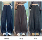 American style woolen plaid cargo pants women's autumn winter new plush casual versatile loose machete wide leg pants