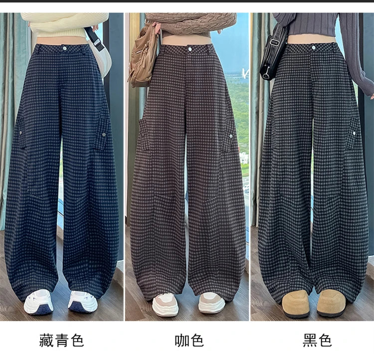 American style woolen plaid cargo pants women's autumn winter new plush casual versatile loose machete wide leg pants