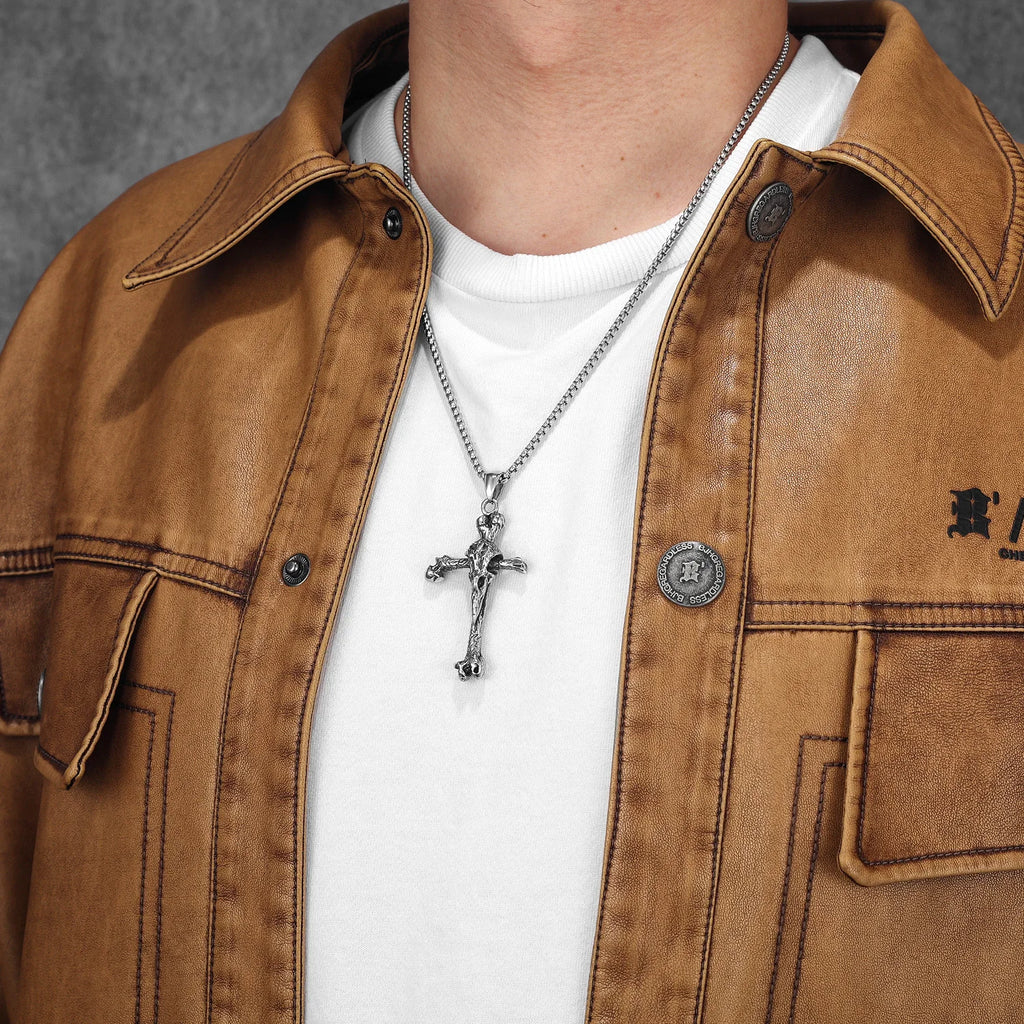 PENDRA Crow Bone Cross Steel Necklace