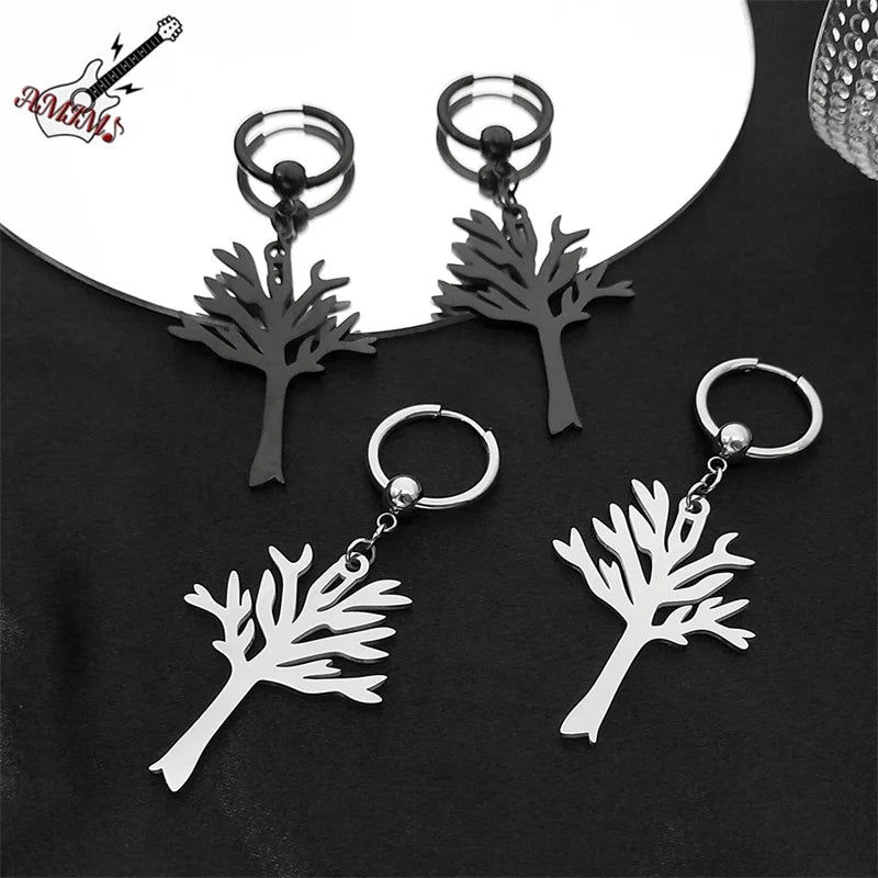 Stainless Steel Music Band Hip Hop Tree of Life Hoop Earrings for Women Silver Color Gothic Punk Earring Jewelry Gift E3404S06