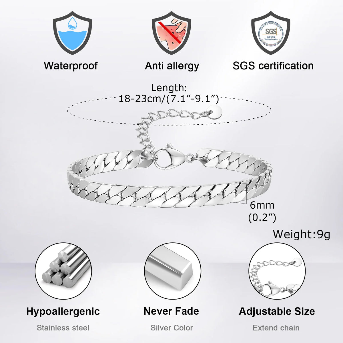 Punk Silver Color Men's Chain Bracelets,Hip Hop Stainless Steel Braided Link Wristband,Classic Metal Jewelry Gift for Him Dad