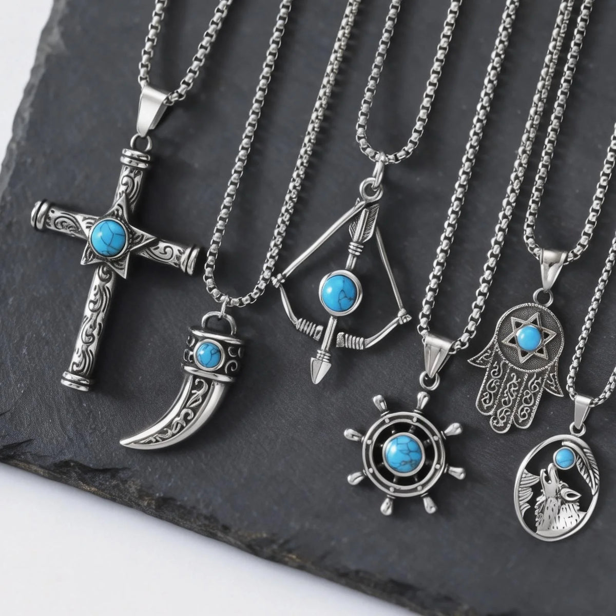Vintage Men's Necklace,Stainless Steel Totem Natural Stone Pendant Necklace,Ethnic Punk Jewelry Gift