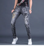 Spring and Autumn 2025 New Men's Jeans Gray Trendy Tiger Head Hot Diamond Printing Slim-fit Small Feet Trousers Men's Clothing