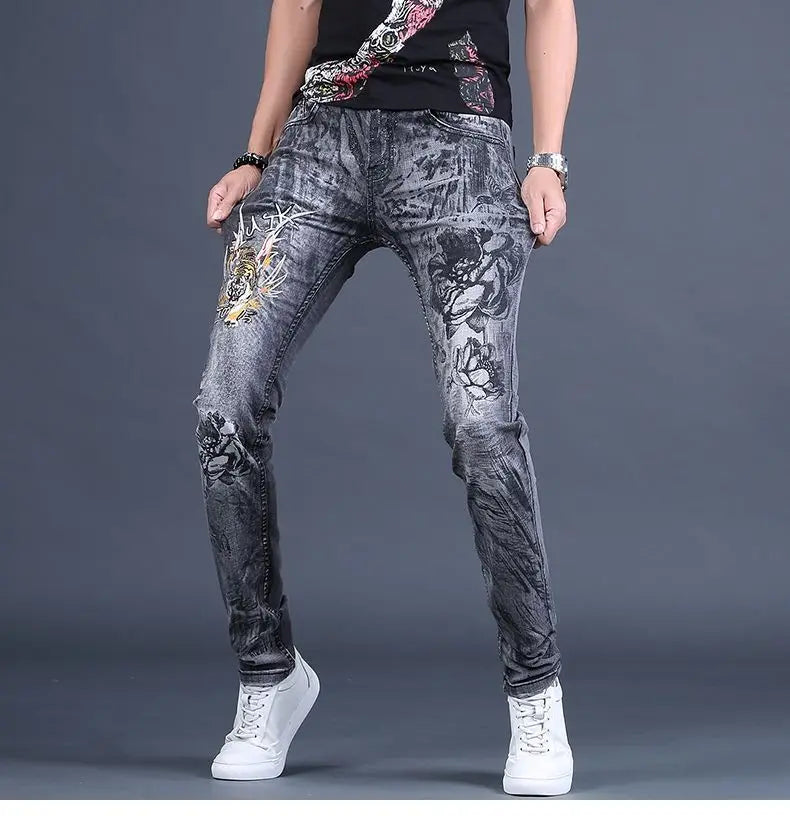Spring and Autumn 2025 New Men's Jeans Gray Trendy Tiger Head Hot Diamond Printing Slim-fit Small Feet Trousers Men's Clothing
