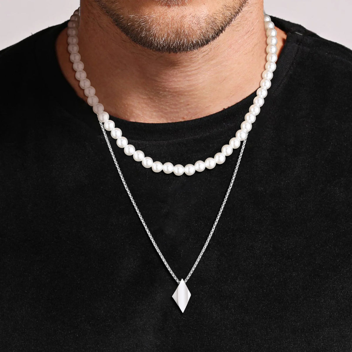 Minimalist Stainless Steel Geometric Rhombus Necklace for Men, Stacking 8MM Simulated Pearl Beads Chain Collar