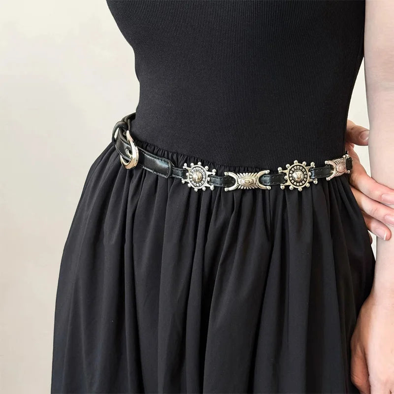 Women's Punk Chain Metal Band For Ladies Cowboy Pu Design Sense Belts Pin buckle Waistband waist Decorative On Denim Dress Coat