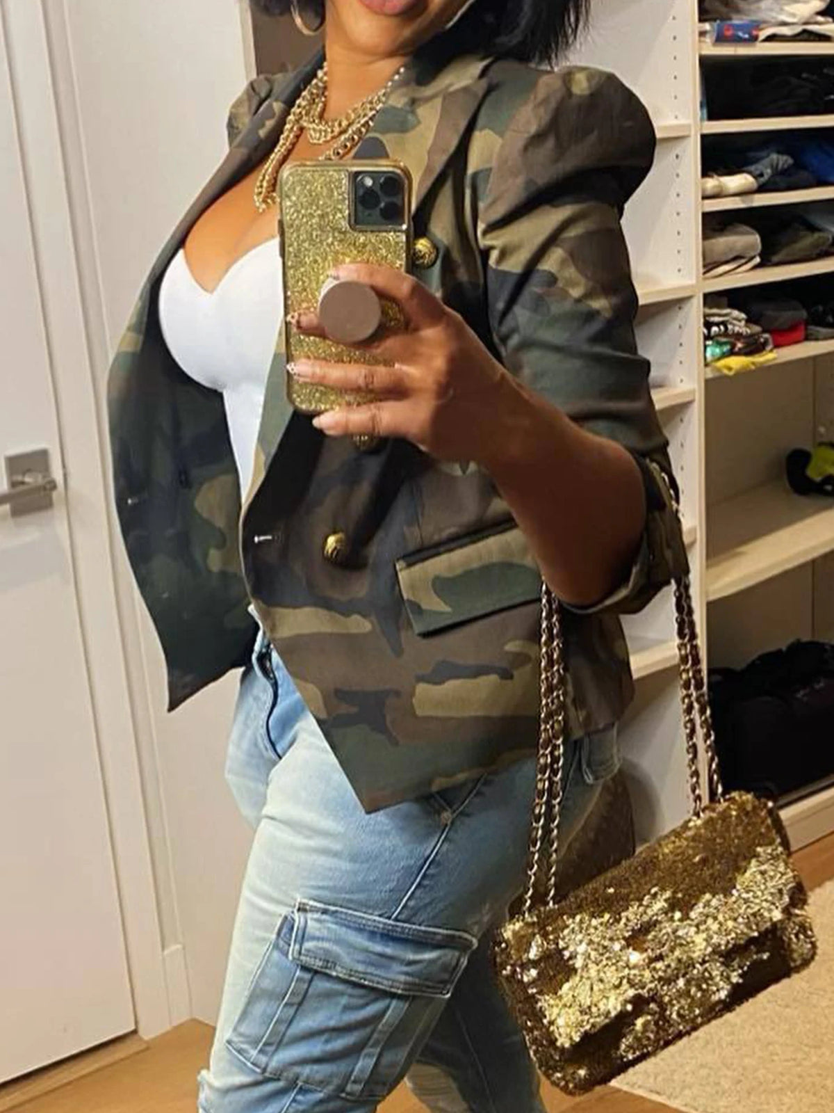 Camouflage Printed Double Breasted Jacket, Casual Long Sleeved Lapel Open Top, Suitable For Spring And Autumn, Women's Clothing