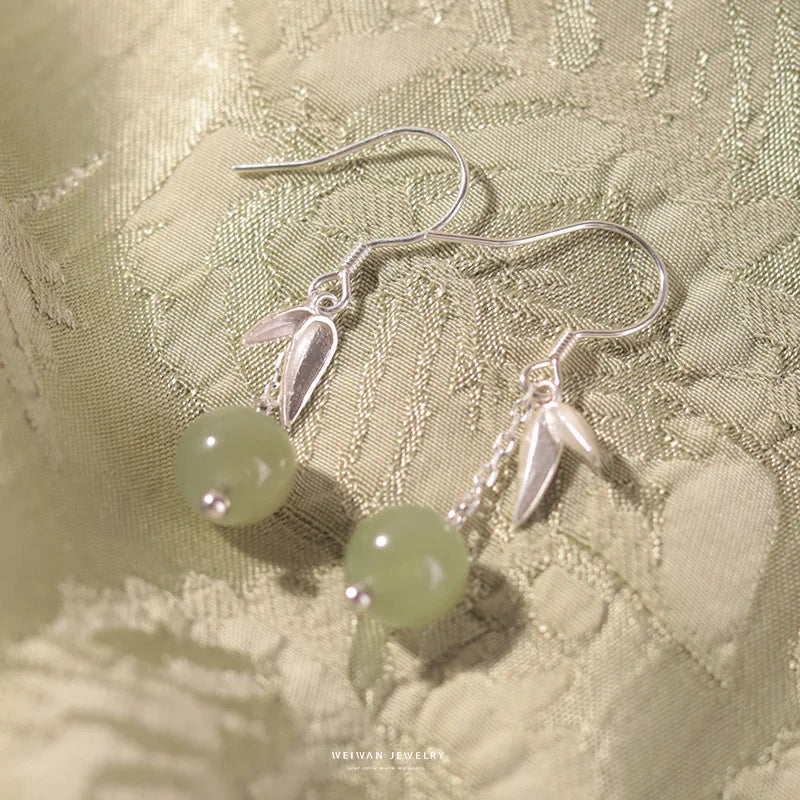 VENTFILLE Hetian Jade Ear Hook Earring Women's High-end Temperament Ethnic Style Retro Earrings Cloisonne Craft Dangler Gift