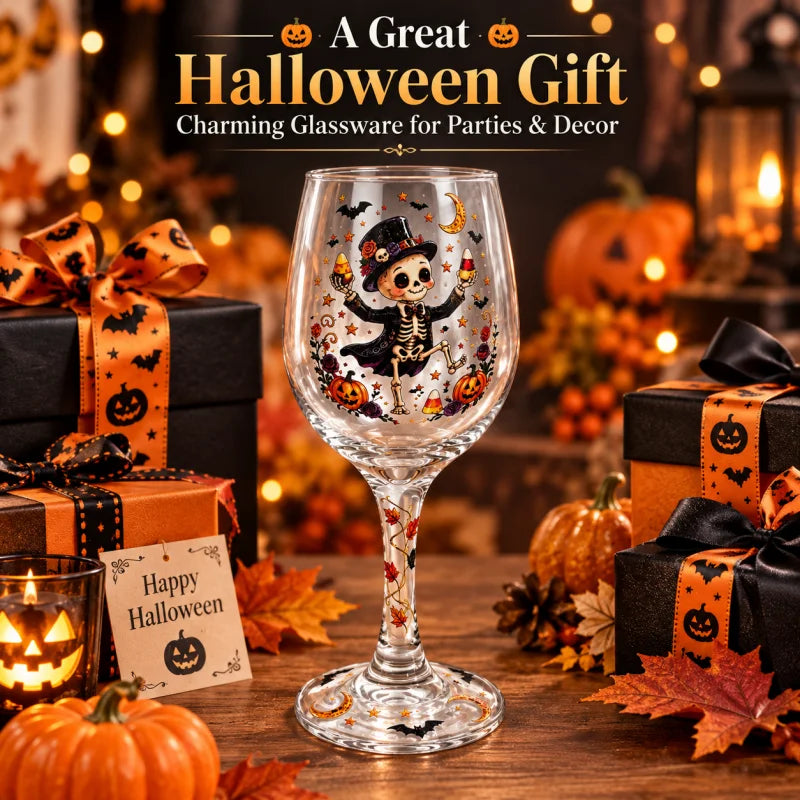 Spooky Halloween Wine Goblet with Sticker Design Witch Ghost Pumpkin Cat Decorative Stemmed Glass for Party Home Bar