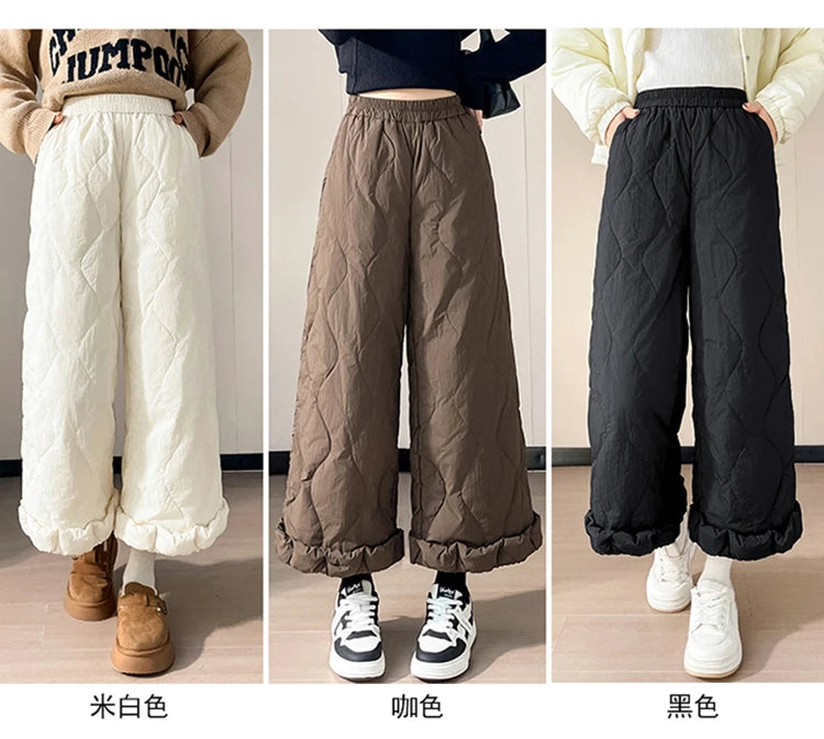 Elastic waist design down pants women winter cold resistant and warm high waist loose hanging casual straight leg pants