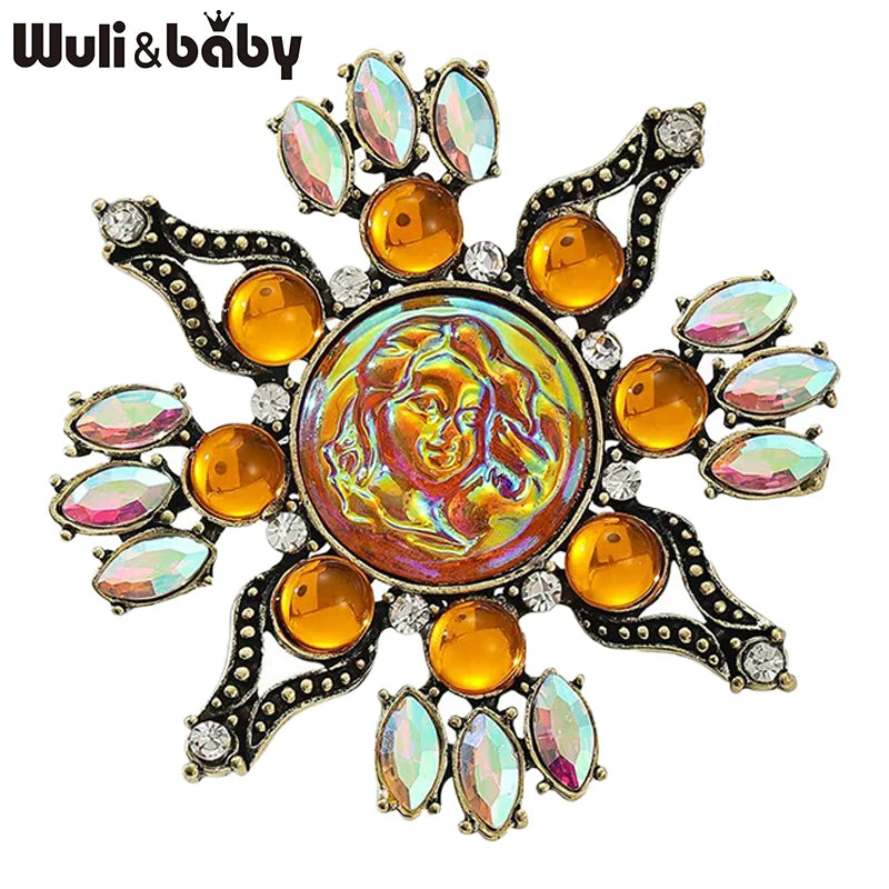 Wuli&baby Vintage Cameo Face Brooches For Women Unisex Rhinestone Sun Flower Party Causal Brooch Pin Fashion Gifts