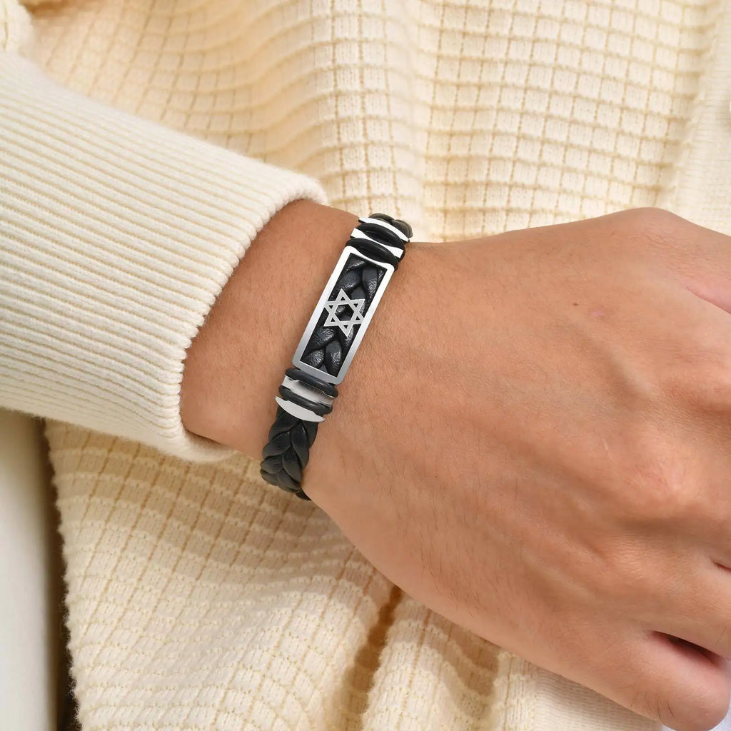 Hexagonal Star Leather Bracelet for Men,Black PU Woven Leather Wristband,Trendy Jewelry Gift