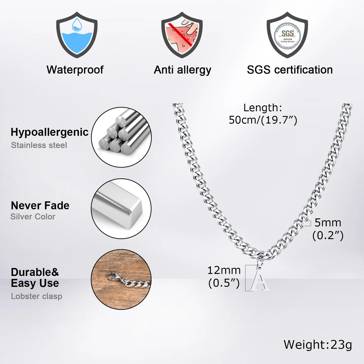 Initials Cuban Chain Necklaces for Men Boys,Waterproof A-Z 26 Alphabet Charm Pendant with 50cm/19.7" Stainless Steel Chain Gifts