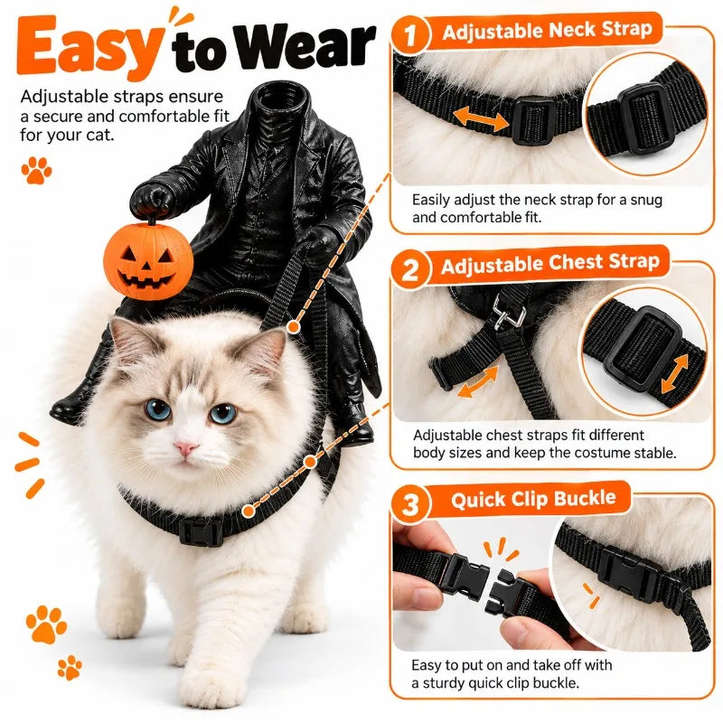 Funny Halloween Cat Dog Costume Headless Horseman Rider Pet Outfit for Small Dogs Cats Pumpkin Party Cosplay