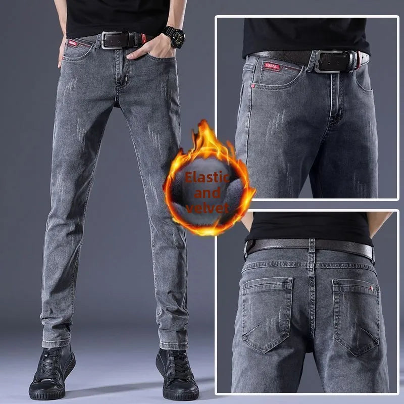 Denim Winter Velvet Thickened Slim-fitting Small Feet Elastic Casual Warm Men's Pants Cotton Trousers Jeans for Men Streetwear