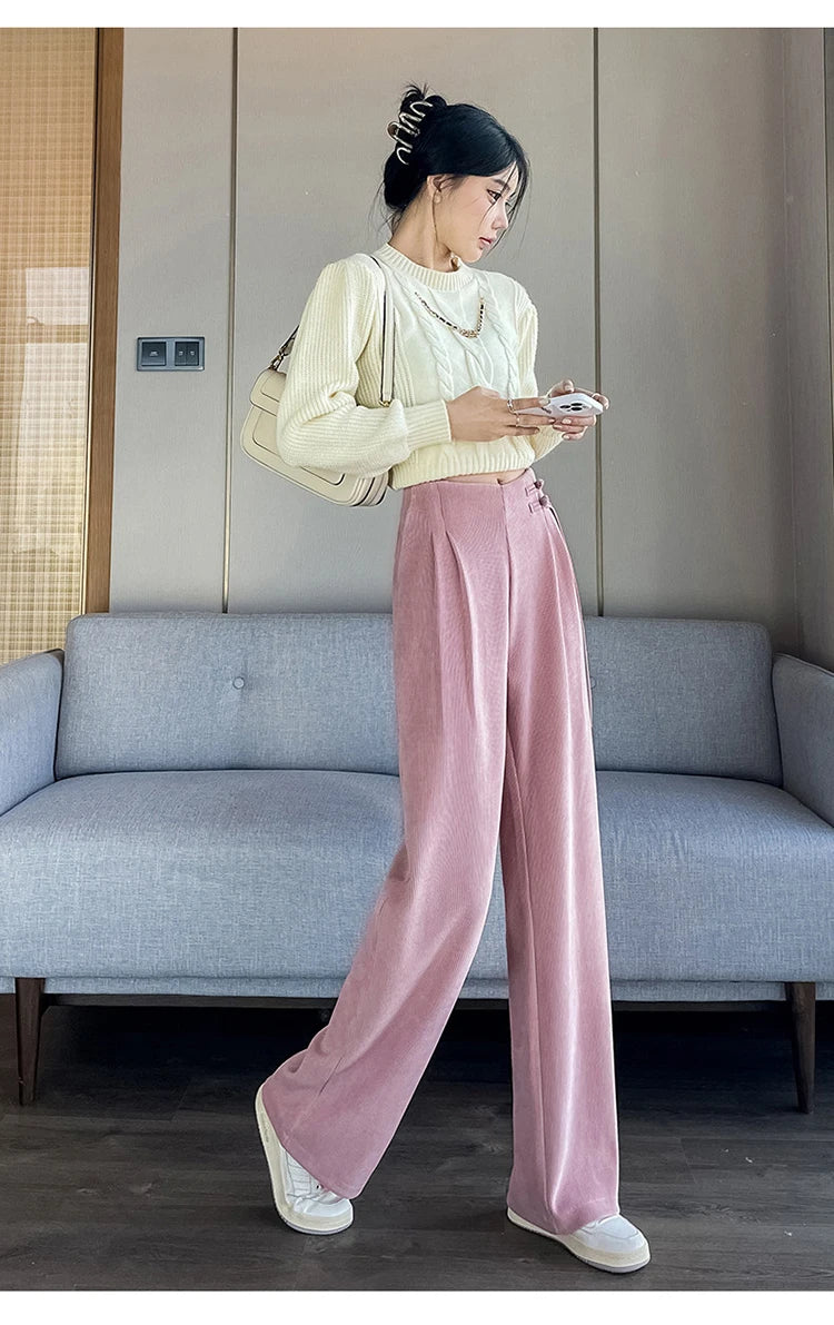 Corduroy pants women autumn and winter new Chinese style buckle casual thick solid color versatile wide leg pants