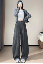 Corduroy cargo wide leg pants women in winter 2025 new high waisted loose fit slimming and ankle tied casual pants