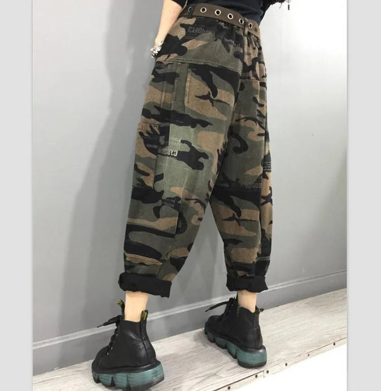 New Arrival 2024 Spring Autumn Women High Waist Ankle-length Loose Vintage Jeans camouflage Cotton Denim Harem Pants