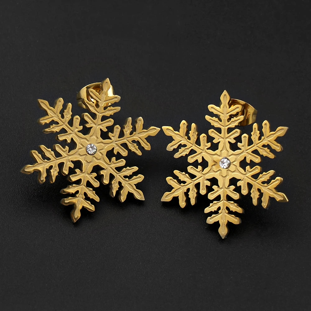 Stainless Steel Snowflake Stud Earrings Inlaid Crystal Winter Snow Flake Earrings Christmas Holiday Jewelry Gift for Women Girl