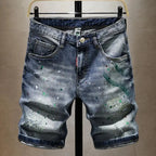 Washed Ripped Denim Men's Trendy Brand Spray Paint Medium Summer Thin Elastic Patch Bermuda Short Pants Men's Jeans Shorts
